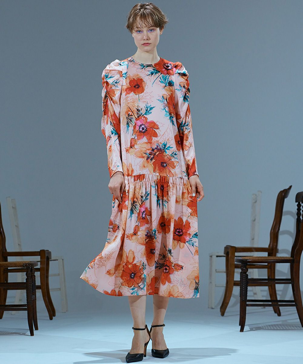 POINT 10%】Sov. / フラワーサテンパフスリーブワンピース DRESS Night  