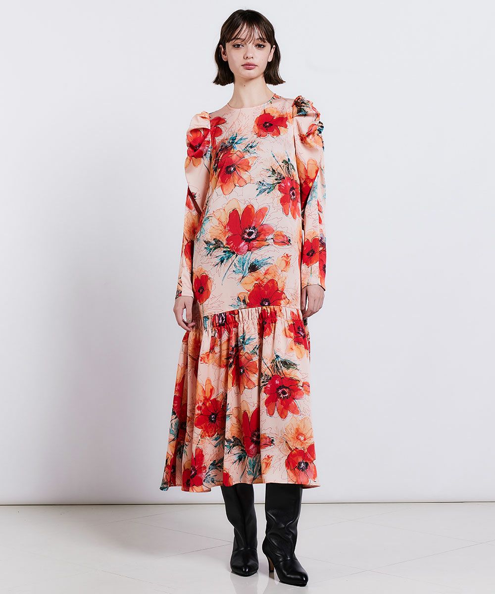 POINT 10%】Sov. / フラワーサテンパフスリーブワンピース DRESS Night  