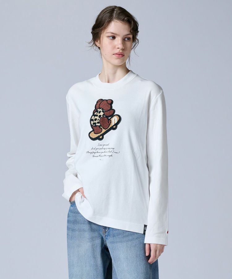 【ダブルスタンダードクロージング】ベア ワッペン スケボ ロンT 長袖Tシャツ白 DSC / スケボーベアワッペンロングTシャツ(WEB限定) TOPS Night