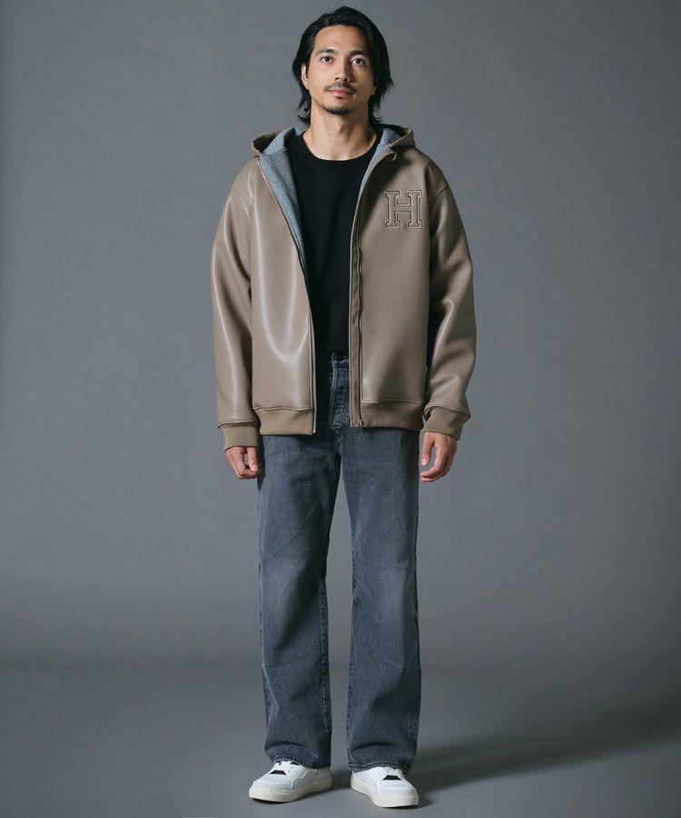 D/him Hエンボス刺繍 レザーダンボールジップパーカー OUTERS Night