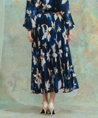 美品　CORCOVADOフラワーシフォンワンピース CORCOVADO オリジナルシフォンワンピース ブルーフラワー タイ付